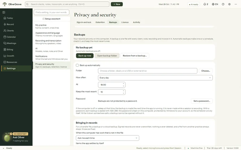 The Backups settings in Olive Grove: a Back up now button, a folder for automatic backups, how often and how many to keep, a backup password, and how records are brought back in from a backup.