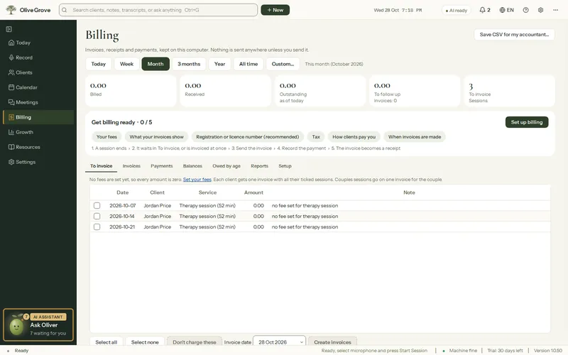 The Billing page for a chosen period: amounts billed, received, outstanding and to invoice, with tabs for To invoice, Invoices, Payments, Balances and Reports.
