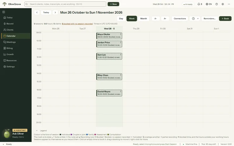The calendar in week view with working hours shaded and the week’s bookings for fictional clients, each with its time and status.