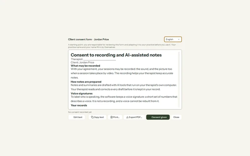 The consent form in Olive Grove for a fictional client: a plain-language form about recording sessions and AI-assisted notes, with buttons to edit, copy, print or export it and to record that consent was given.