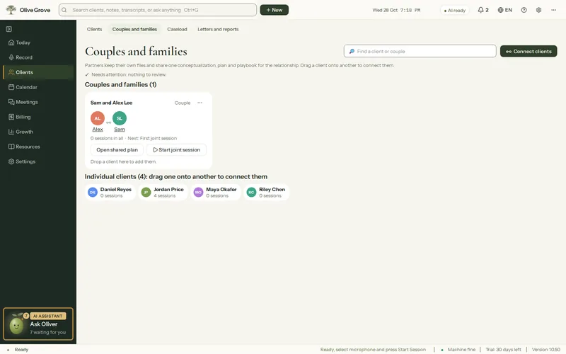 La page Couples et familles : chaque couple ou famille fictif sous forme de carte avec ses membres, et les clients individuels plus bas, prêts à être reliés.