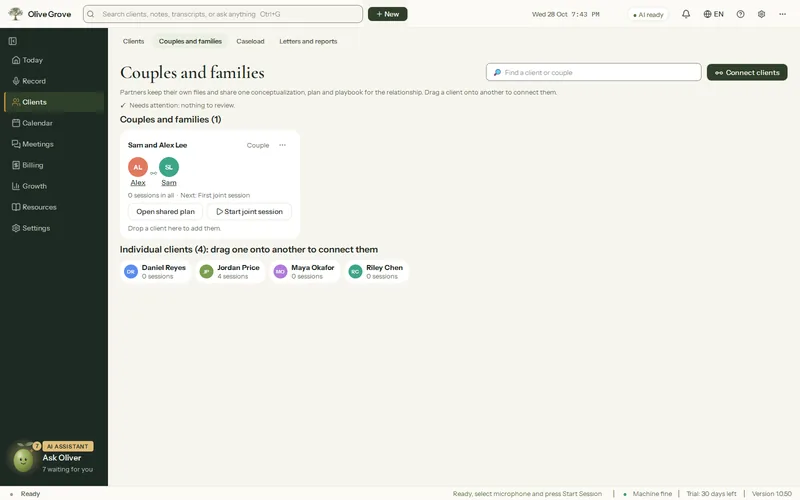 The Couples and families page in Olive Grove: a fictional couple as a card with both partners, buttons to open their shared file or start a joint session, and individual clients below, ready to be connected.