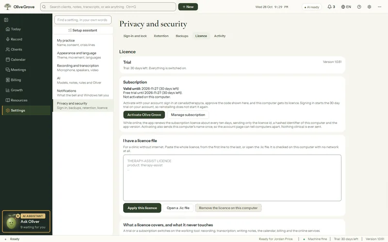 Olive Grove’s Settings, Licence: Trial with 30 days left and everything switched on, the subscription dates, Activate Olive Grove and Manage subscription, and a box for a licence file.
