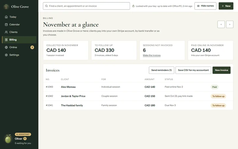 Billing in Olive Grove online: November at a glance with collected, to follow up, sessions not invoiced and paid online, then the invoices with Send reminders, Save CSV for my accountant and New invoice.