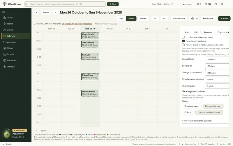 Olive Grove’s Calendar with the Online booking settings open: Ask for a card to hold each online booking, explained as saved on the client’s Stripe page, with the booking and cancellation limits below.
