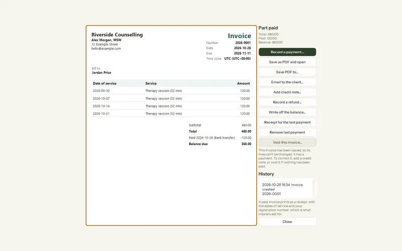 Olive Grove’s invoice for the fictional client Jordan Price, part paid and locked, with Add credit note, Record a refund, Write off the balance and Void this invoice beside it.