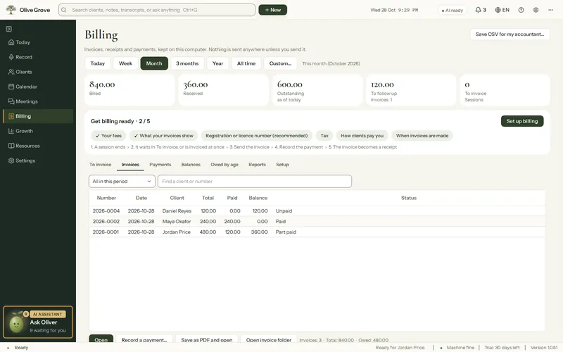 Olive Grove’s Billing page on the Invoices tab: three fictional invoices with number, date, client, total, paid and balance, marked Unpaid, Paid and Part paid.