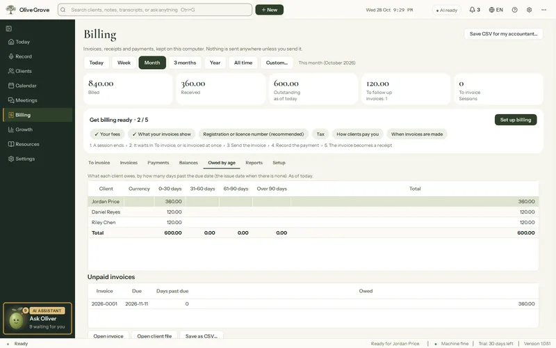 Olive Grove’s Billing page on Owed by age: what three fictional clients owe, grouped by days past due, and the list of unpaid invoices below.