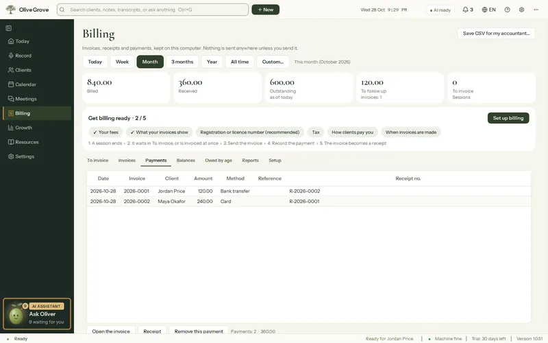 Olive Grove’s Billing page on the Payments tab: two fictional payments, by bank transfer and by card, each against its invoice and with its own receipt number.