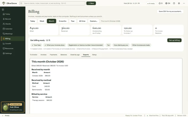 Olive Grove’s Billing page on the Reports tab for this month: billed, received and still to invoice, money received by month and by method, and billed by service.