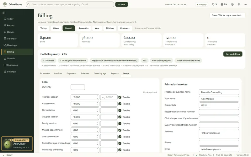 Olive Grove’s Billing page on the Setup tab: fees for each service with a billing code and a Taxable box, and the practice details printed on invoices.