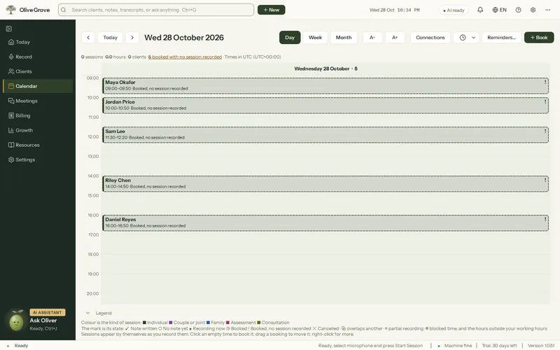 Olive Grove’s Calendar in Day view: five fictional appointments from 9:00 to 16:00, each booked with no session recorded yet, and the Book button at the top.