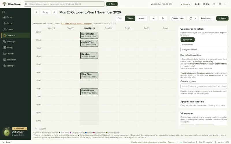 Olive Grove’s Calendar with Connections open on Calendar connection: Sync now, your calendar set to Google Calendar, steps to find the address, and the calendar address box.