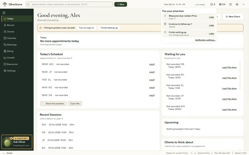 Olive Grove’s bell open on the Today page: For your attention lists a measure due for the fictional client Jordan Price, an invoice to follow up and finishing setup, each with Later.