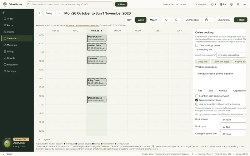 Olive Grove’s Calendar with Connections open on Online booking: Take bookings online, your booking link, the services clients can book, and the booking rules.