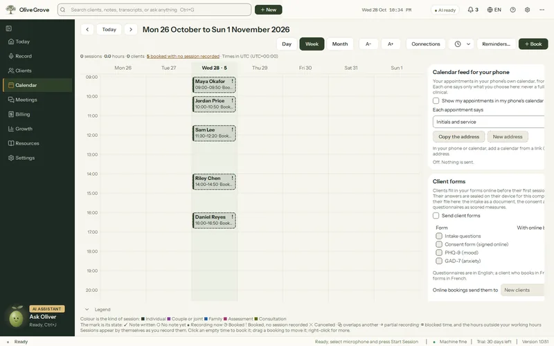 Olive Grove’s Calendar with Connections open on Calendar feed for your phone: the switch to show appointments in your phone’s calendar, labelled by initials and service, and Copy the address.