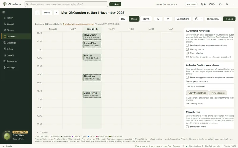Olive Grove’s Calendar with Connections open on Automatic reminders: email reminders to clients automatically, the day before or 2 hours before, with the calendar feed below.