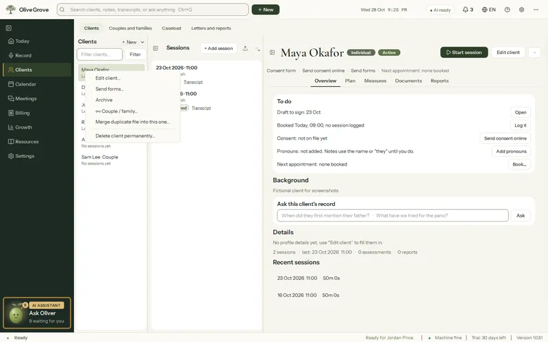Olive Grove’s client list with the menu open on the fictional client Maya Okafor: Edit client, Send forms, Archive, Couple or family, Merge duplicate file into this one and Delete client permanently.