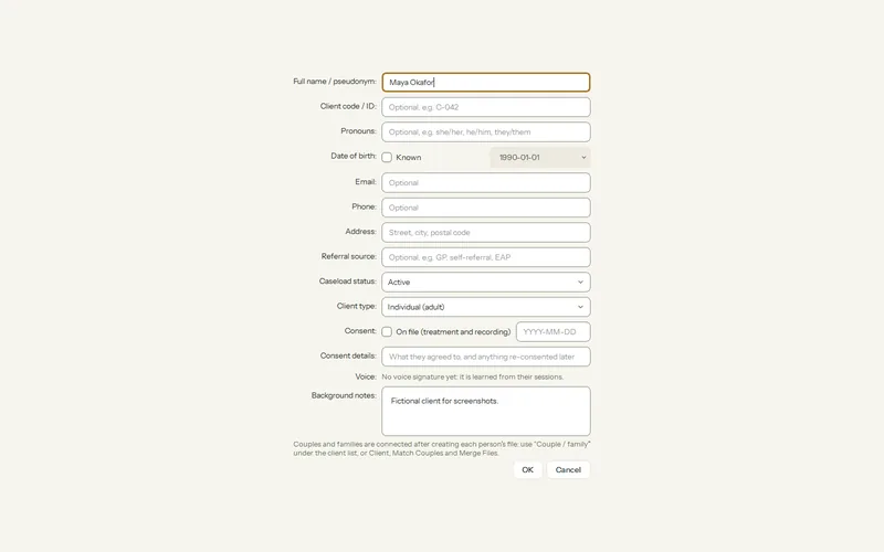 Olive Grove’s Edit client window for the fictional client Maya Okafor: name, client code, pronouns, date of birth, contact details, caseload status, client type, consent and background notes.