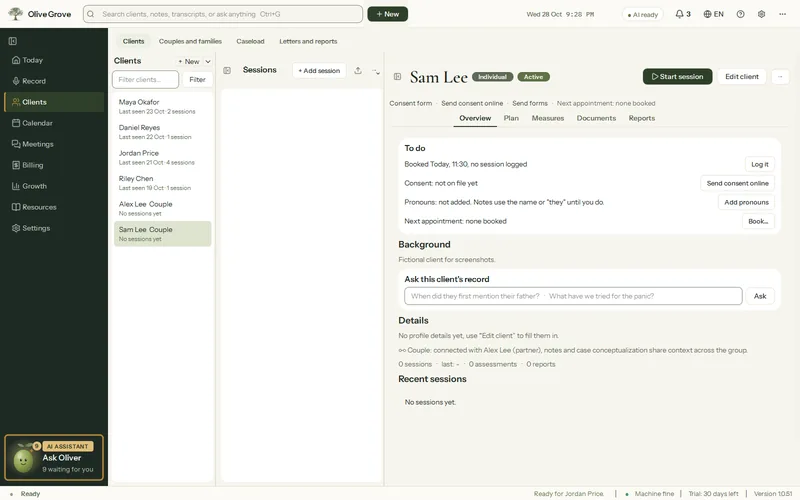 Olive Grove’s file for the fictional couple member Sam Lee: the Overview with a to-do list and a note that the file is connected with Alex Lee as a couple, sharing notes and a case conceptualization.