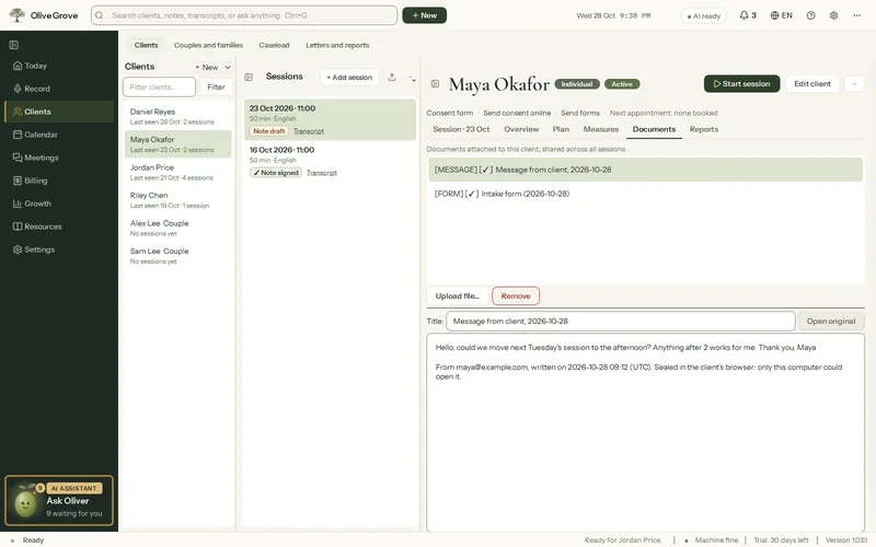 Olive Grove’s Documents tab for the fictional client Maya Okafor: a message from the client asking to move next Tuesday’s session, sealed so only this computer could open it, and an intake form.