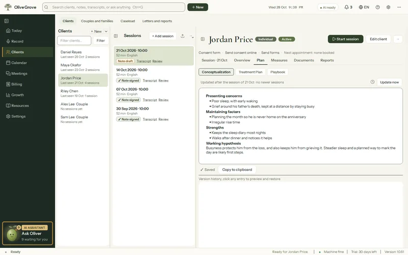 Olive Grove’s Plan tab on Conceptualization for the fictional client Jordan Price: presenting concerns, maintaining factors, strengths and a working hypothesis, with Update now.