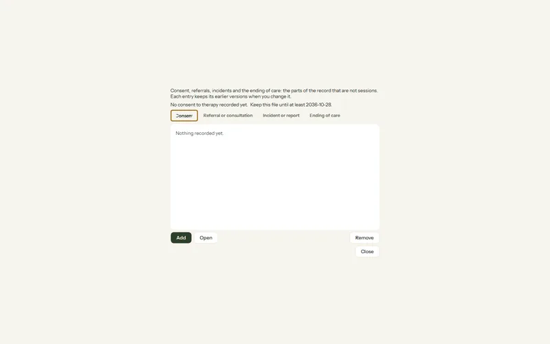 Olive Grove’s care record for the fictional client Jordan Price: tabs for Consent, Referral or consultation, Incident or report and Ending of care, with Add and Open.