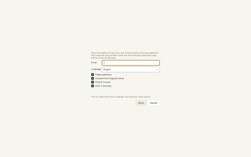 Olive Grove’s Send forms window for the fictional client Riley Chen: the email address, the language, and the forms to send, intake questions, the consent form signed online, the PHQ-9 and the GAD-7.