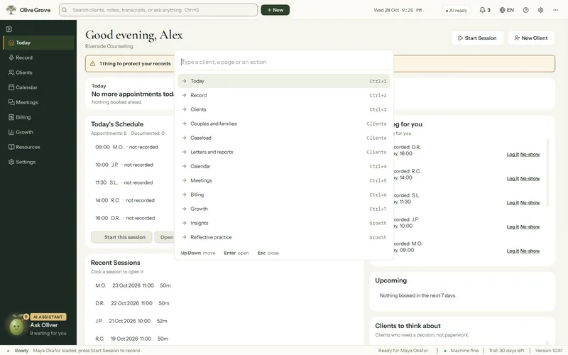 Olive Grove with Go to anything open over the Today page: a search box and the list of places, Today, Record, Clients, Calendar, Meetings, Billing and more, each with its shortcut.