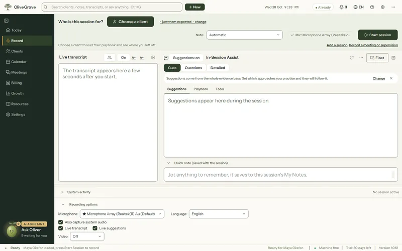 Olive Grove’s Record page before a session, asking Who is this session for? with a Choose a client button, the note format, the microphone and Start session.