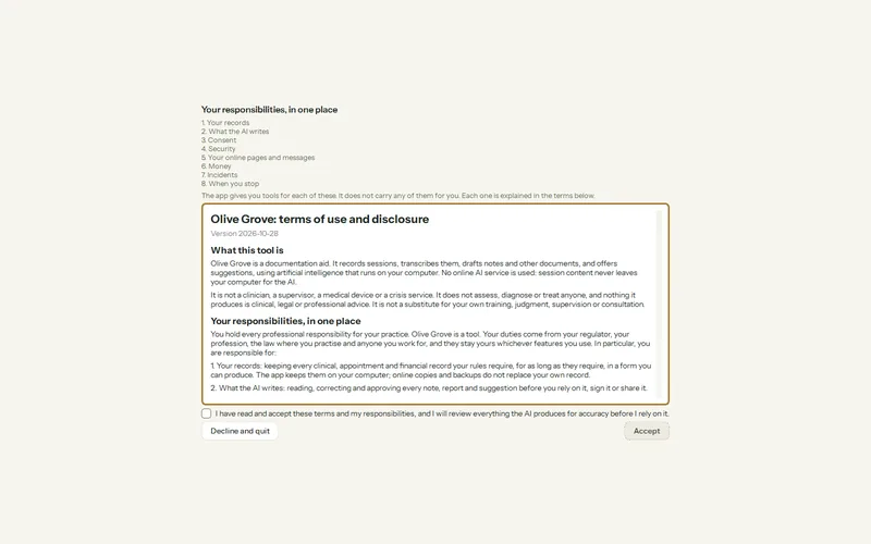 Olive Grove’s terms of use and disclosure on first start: your responsibilities in one place, the terms to read, the box to accept them, and Accept or Decline and quit.