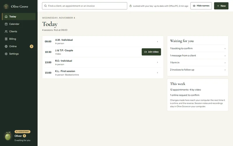 Olive Grove online on Today: the day’s four sessions by initials with Join video for the video one, Waiting for you with a booking to confirm, a message, a form and two invoices to follow up, and the menu with Oliver at its foot.