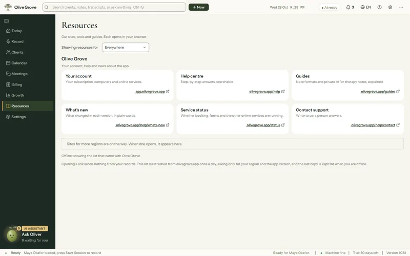 Olive Grove’s Resources page: cards for your account, the help centre, guides, what is new, service status and contact support, with Ask Oliver at the foot of the left menu.