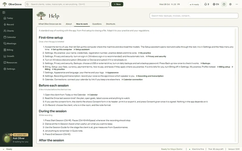 Olive Grove’s Help page on the How to work tab: the First-time setup checklist, from accepting the terms and setting up the computer to backups, billing and the calendar.