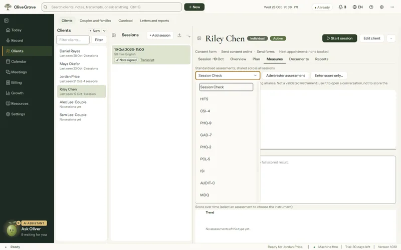 Olive Grove’s Measures tab with the list of instruments open: Session Check, HITS, CSI-4, PHQ-9, GAD-7, PHQ-2, PCL-5, ISI, AUDIT-C and MDQ.