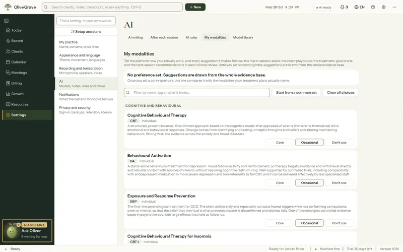 Olive Grove’s Settings, AI, My modalities: the approaches you practise, such as cognitive behavioural therapy and behavioural activation, each set to Core, Occasional or Don’t use.