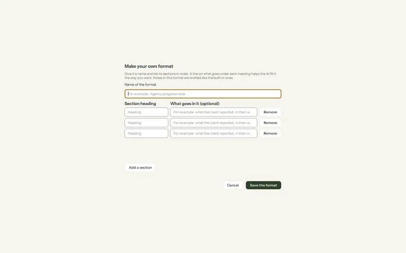 Olive Grove’s Make your own format window: Name of the format, three rows of Section heading and What goes in it, Add a section and Save the format.