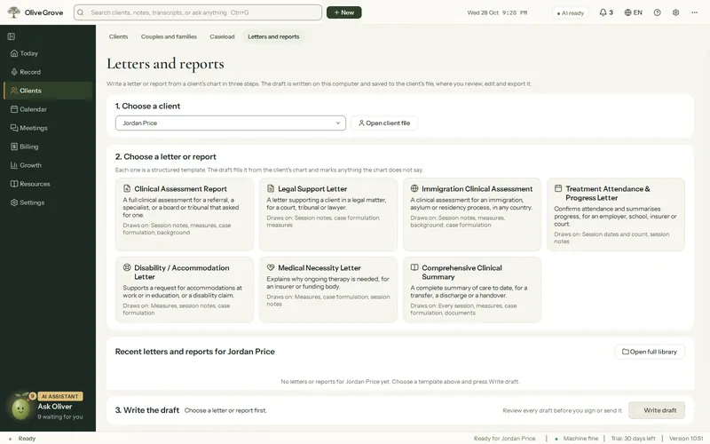 Olive Grove’s Letters and reports page for the fictional client Jordan Price: the letters and reports to choose from, such as a clinical assessment report or a treatment progress letter, and Write the draft.