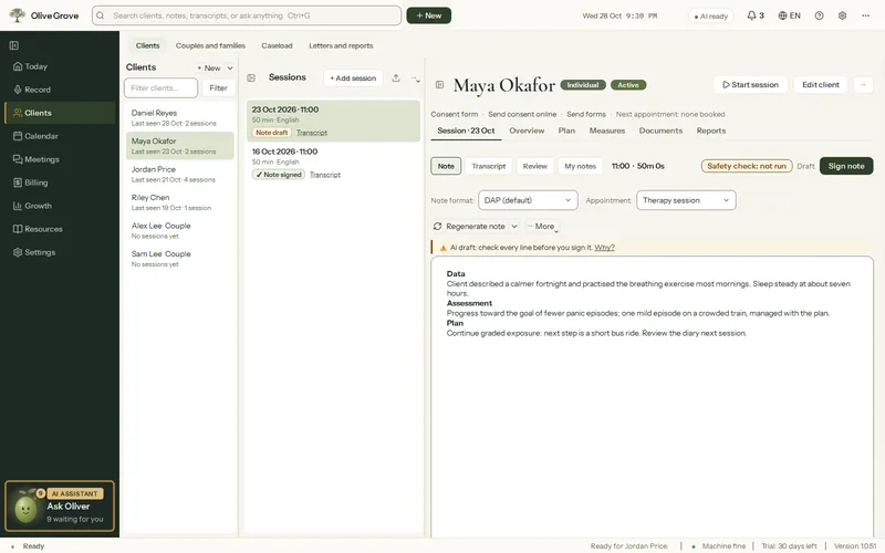 Olive Grove’s client file for the fictional client Maya Okafor: a draft DAP note on the Note tab, the reminder to check every line before signing, and the Sign note button.