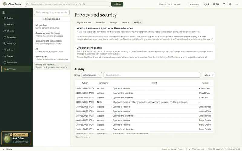 Olive Grove’s Settings, Activity: the activity log with date, category, event and client, such as client files and sessions opened and questions for supervision saved, with a filter and a search.