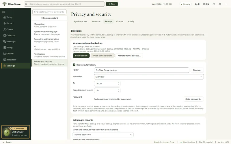 Olive Grove’s Settings, Backups: Your records are backed up, with the last backup checked, automatic backups on every day at 18:00 to a folder on a USB drive, and the 10 most recent kept.