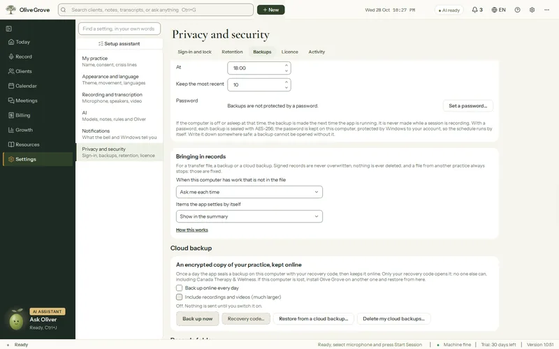 Olive Grove’s Settings, Backups at Cloud backup: an encrypted copy of your practice kept online, Back up online every day, Recovery code, Restore from a cloud backup and Delete my cloud backups.
