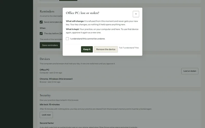 Settings, Devices in Olive Grove online with the question Office PC: lost or stolen?, saying what will change and what is kept, an I understand tick, Keep it first, and Remove the device waiting for the tick.