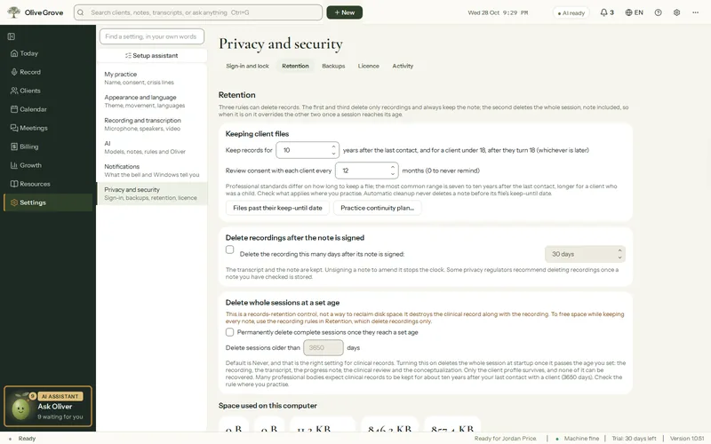 Olive Grove’s Settings, Retention: how many years to keep client files, how often to review consent, deleting recordings a set number of days after the note is signed, and deleting whole sessions at a set age.