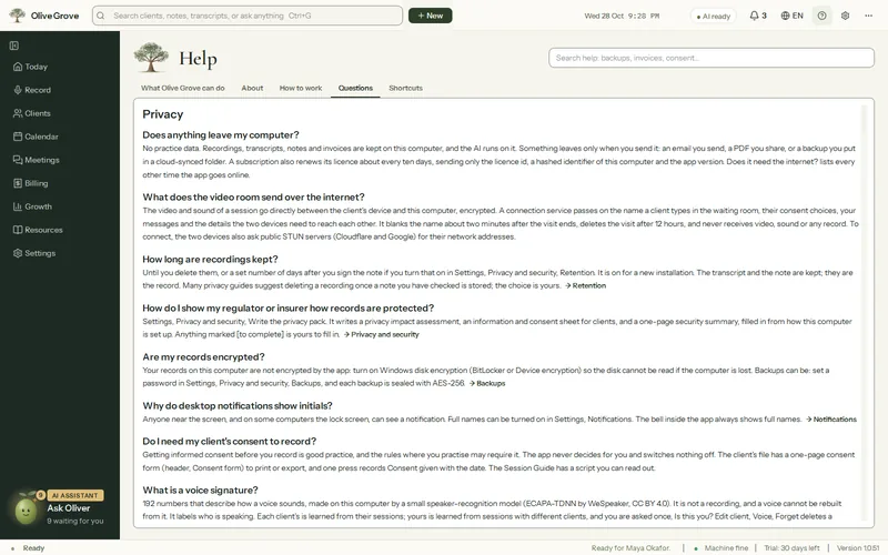 Olive Grove’s Help page on the Questions tab: Privacy, with answers to Does anything leave my computer?, what the video room sends, how long recordings are kept and whether records are encrypted.