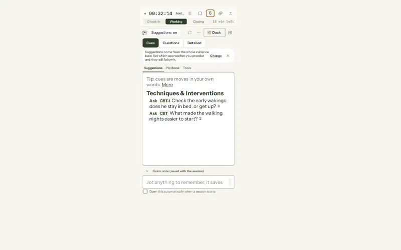 L’Assistant en séance d’Olive Grove, flottant à côté de la séance : la minuterie, l’onglet Pistes avec deux courtes suggestions marquées CBT-I et CBT, et une zone de note rapide en dessous.