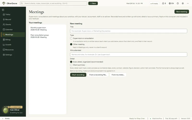 Olive Grove’s Meetings page: two meetings listed, Monthly supervision and Peer consultation group, and the New meeting form with title, type, who attended, detail and Start recording.