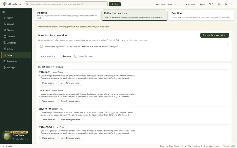 Olive Grove’s Reflective practice page: Questions for supervision with a question about pacing grief work, Prepare for supervision, and the latest session reviews for the fictional client Jordan Price.