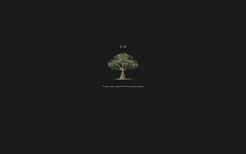 Olive Grove in Privacy view during a session: a dark screen with only the time, a still olive tree and the words Privacy view: press Ctrl+H or click to return.