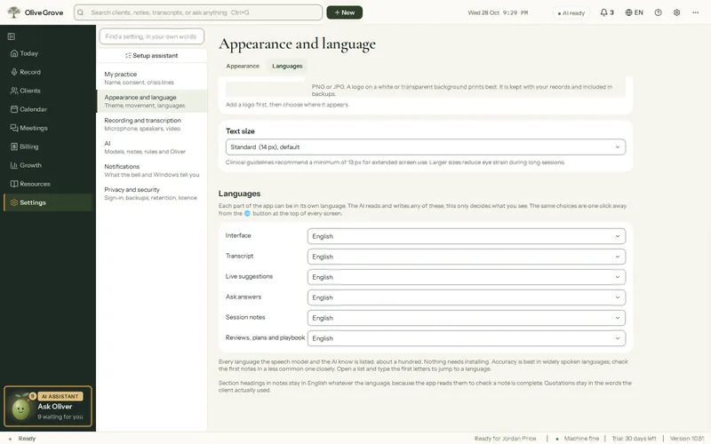 Olive Grove’s Settings, Appearance and language: the Languages section, with one language each for the interface, the transcript, live suggestions, Ask answers, session notes and reviews.